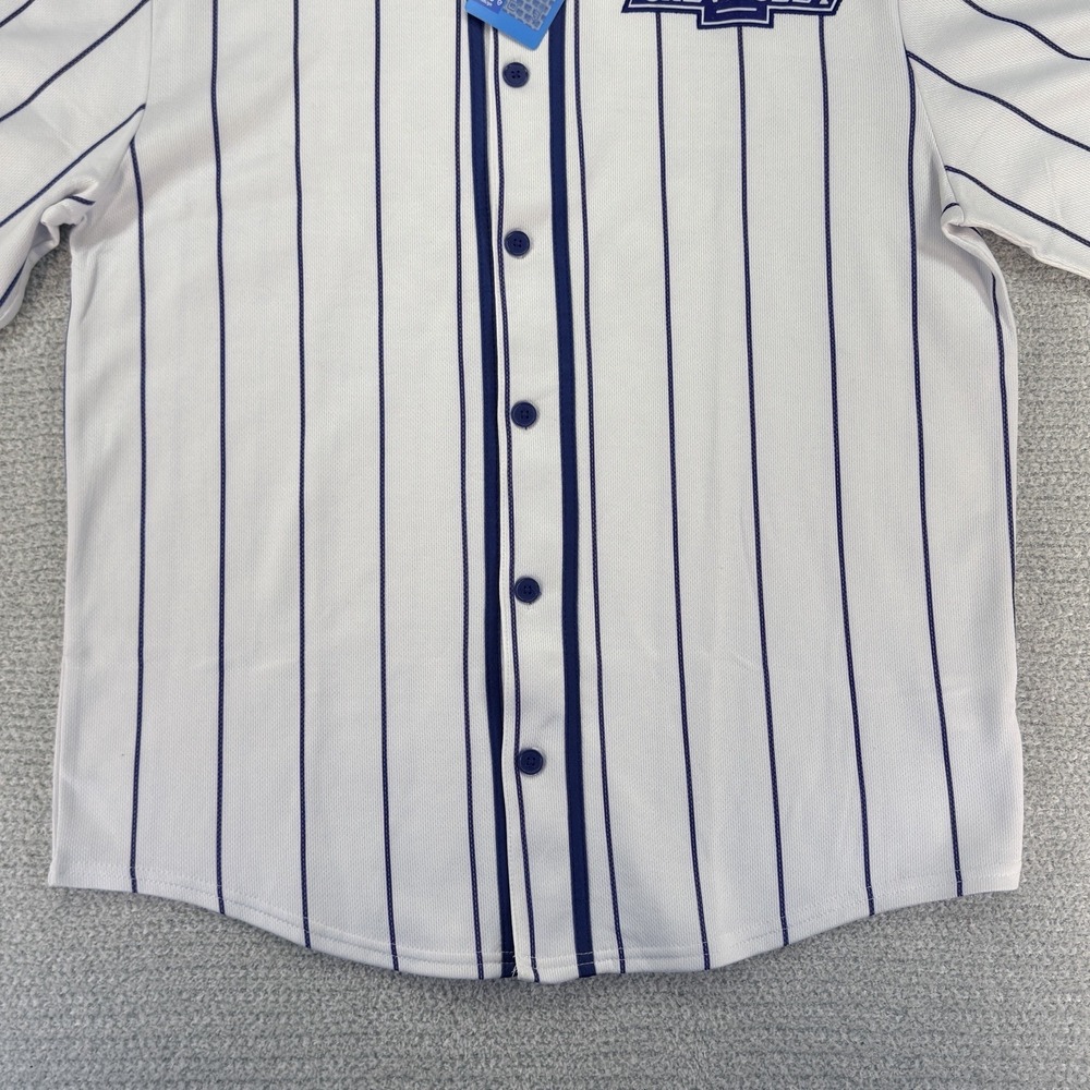 GM Chevrolet Chevy Baseball Jersey Mens Medium White Blue Pinstripe Button - Picture 5 of 15